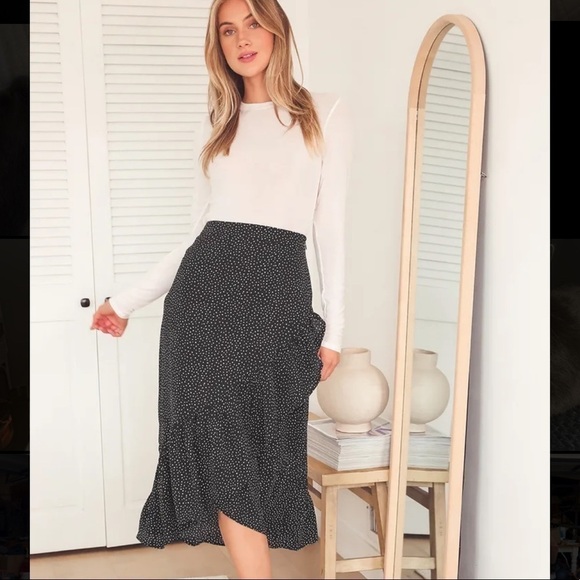 Lulu’s Mesmerizing Love Black Polka Dot Ruffled Faux Wrap Midi Skirt Sz XS Women - Picture 1 of 12